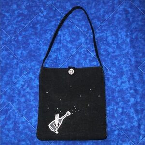 OLD NAVY Black Cocktail Purse with Champagne and Glass Design Gem/Sparkly Button